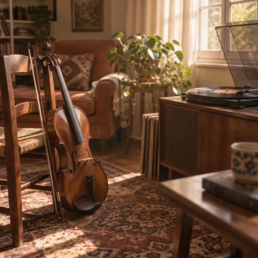 A violin leaning against a wooden chair beside a record player