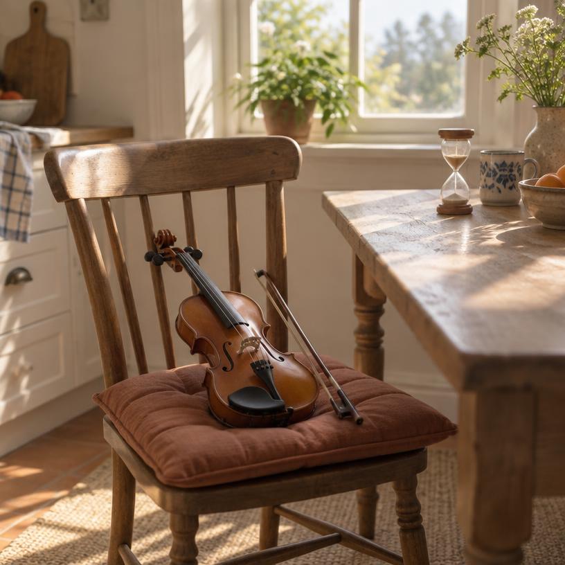 A child's violin resting on a chair beside an hourglass and a mug