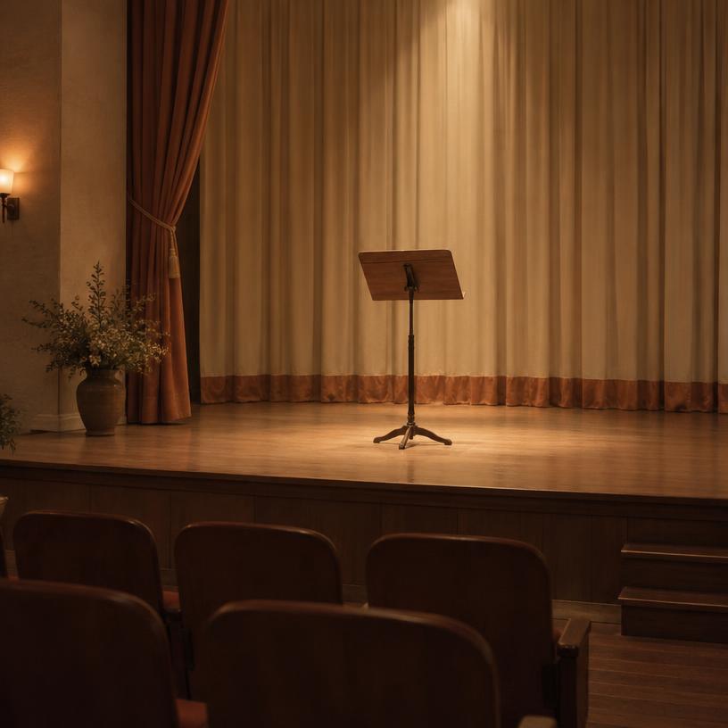 An empty recital stage with a music stand under a warm spotlight
