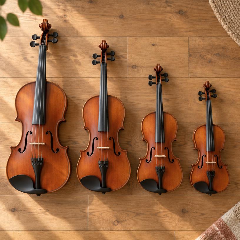 Four violins of decreasing size laid flat side by side on a wooden floor